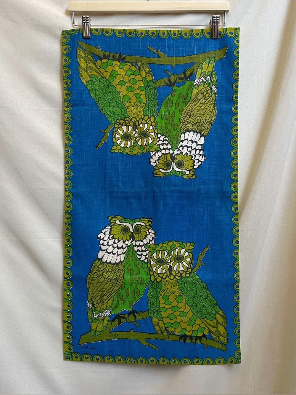 70s vintage owl art tea towel Fallani & Cohn Inc boho kitsch Bill Brister